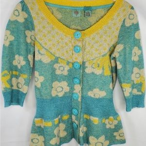 Anthropologie Yellow and Teal Floral Sweater